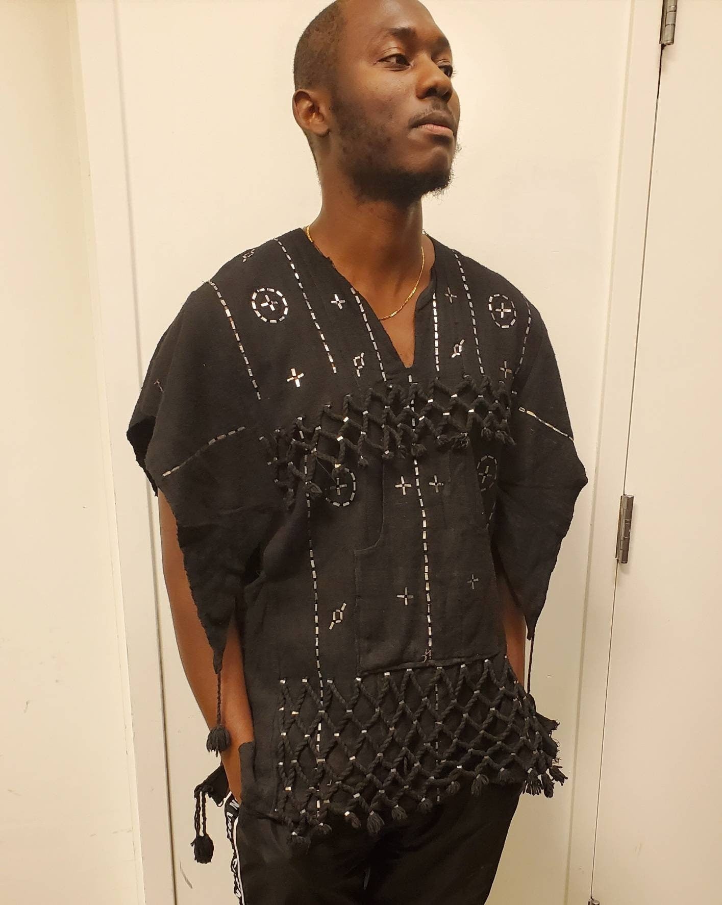 Vintage Dogon African Mud Cloth Hunter's Shirt/ Mali Dogon Shirt/Brown with Metal Embroidery Men/size S-M