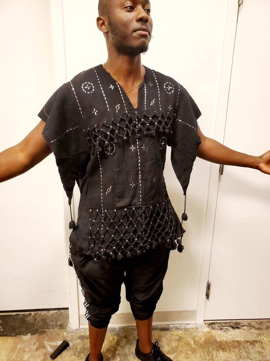 Vintage Dogon African Mud Cloth Hunter's Shirt/ Mali Dogon Shirt/Brown with Metal Embroidery Men/size S-M