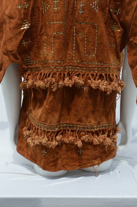 Vintage Dogon African Mud Cloth Hunter's Shirt/ Mali Dogon Shirt/Brown with Metal Embroidery Men/size S-M