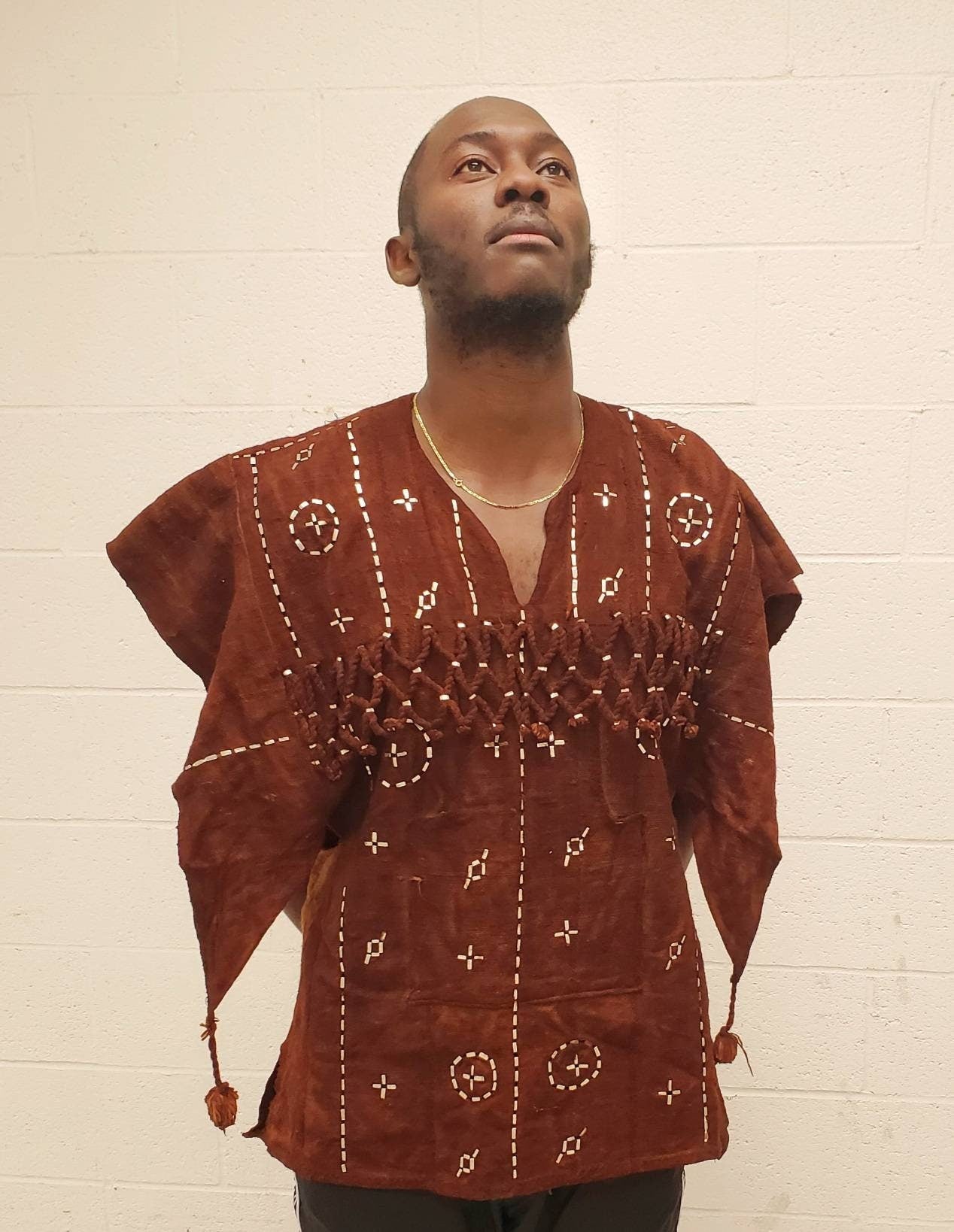 Vintage Dogon African Mud Cloth Hunter's Shirt/ Mali Dogon Shirt/Brown with Metal Embroidery Men/size S-M