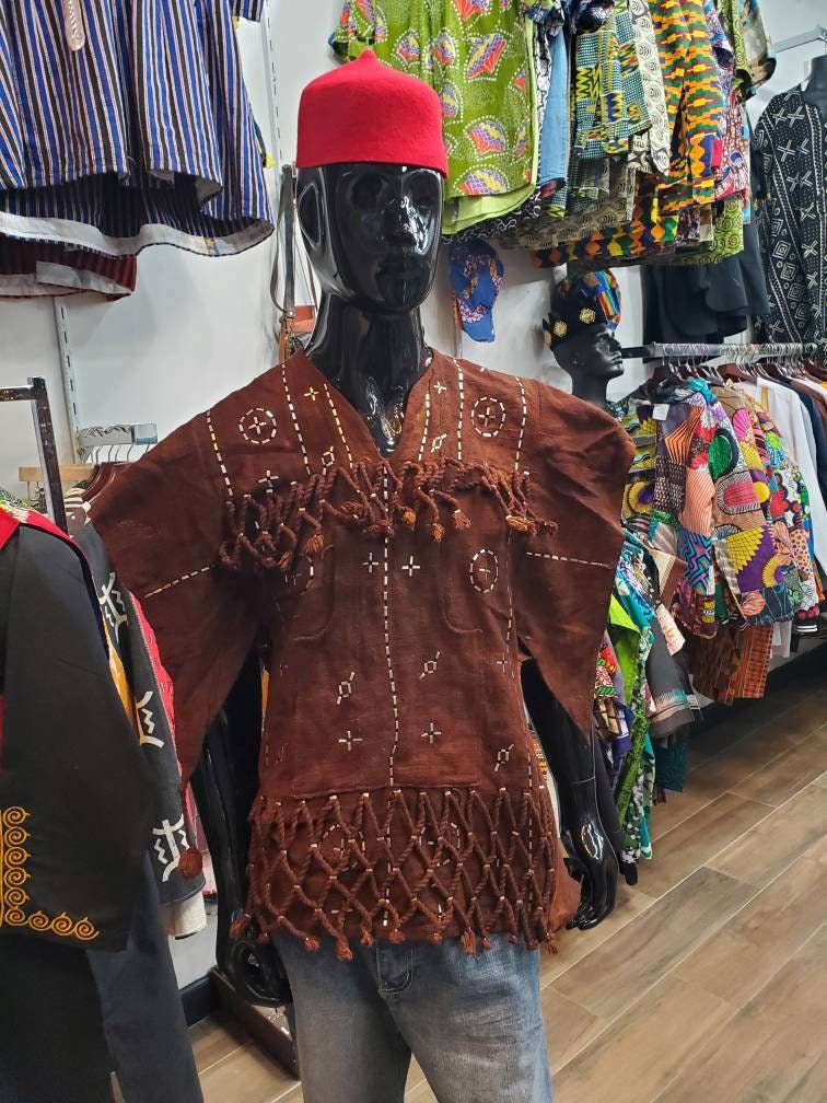 Vintage Dogon African Mud Cloth Hunter's Shirt/ Mali Dogon Shirt/Brown with Metal Embroidery Men/size S-M