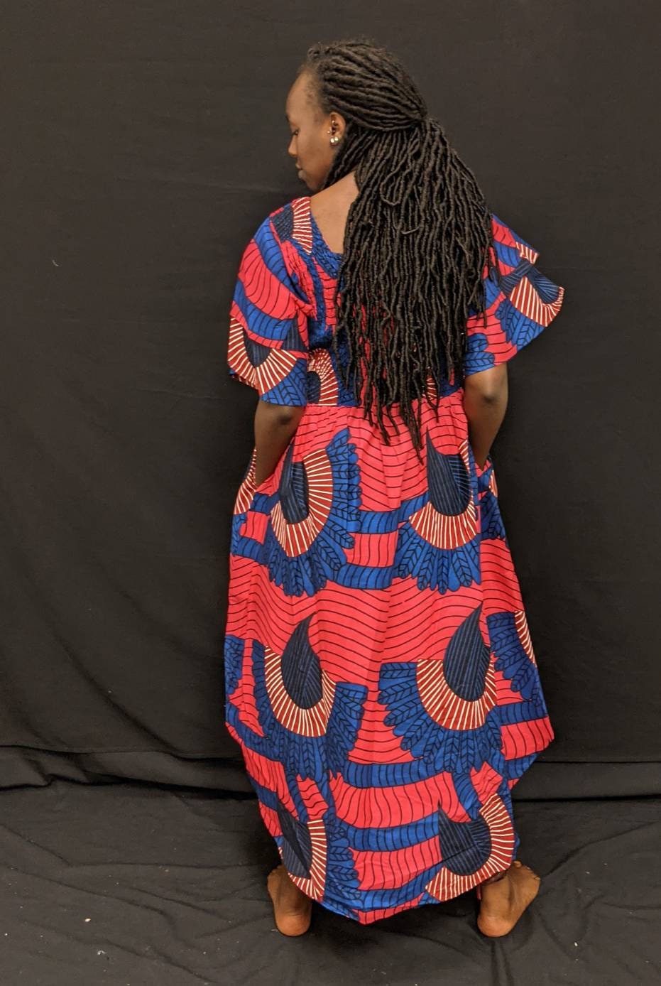 High-low African Print Dress with a scarf size M-XL, 100% cotton.