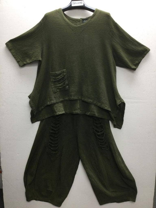 Nala PLUS Cotton Gauze Linen ripped Two-piece PantSet.