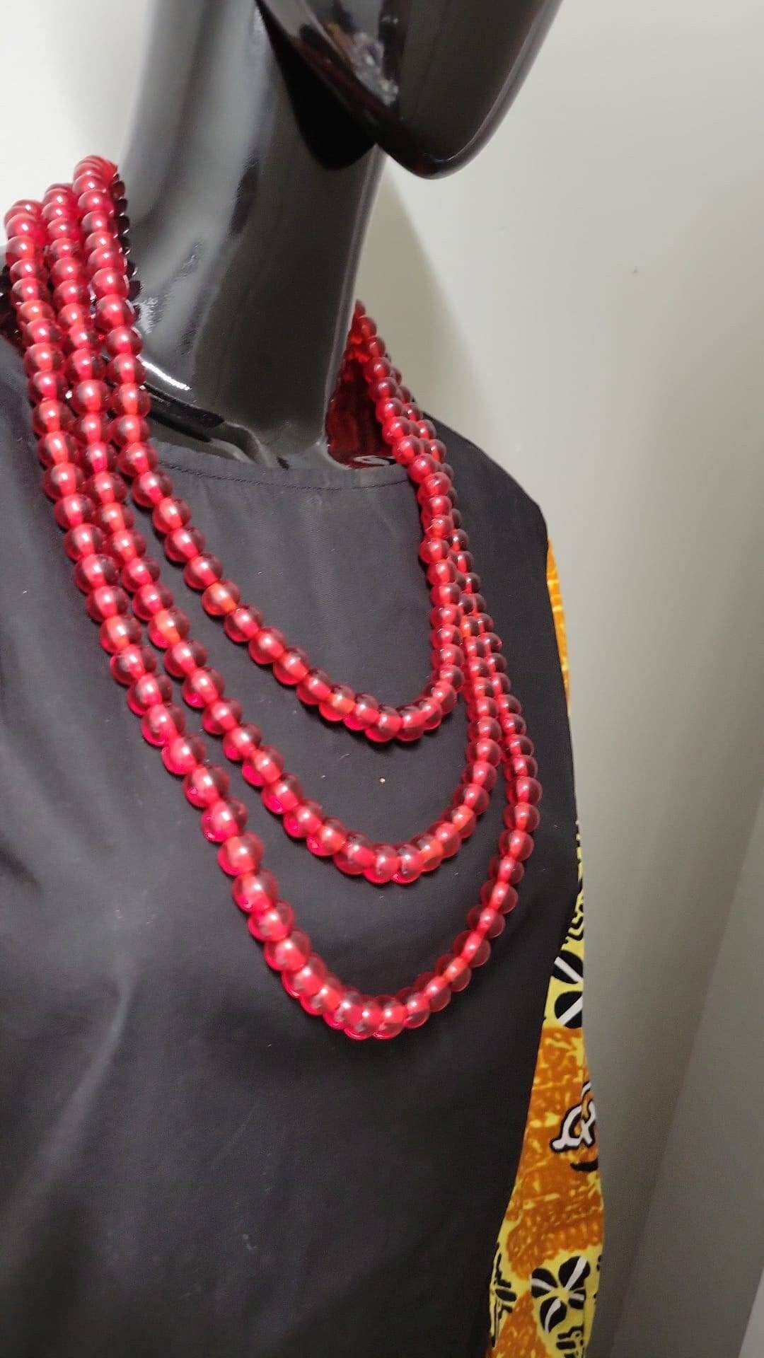 Red Multistrand Beaded Necklace Set.