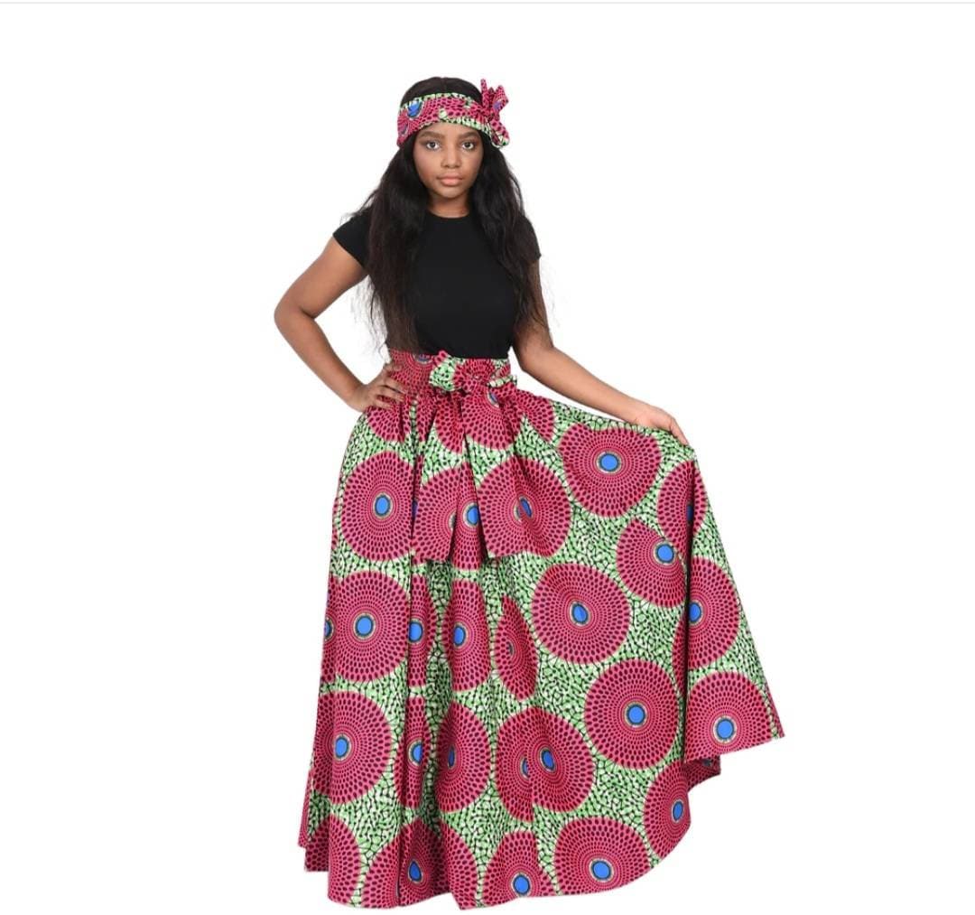 Pink and Green Ankara Swirl Maxi Skirt/Aka.