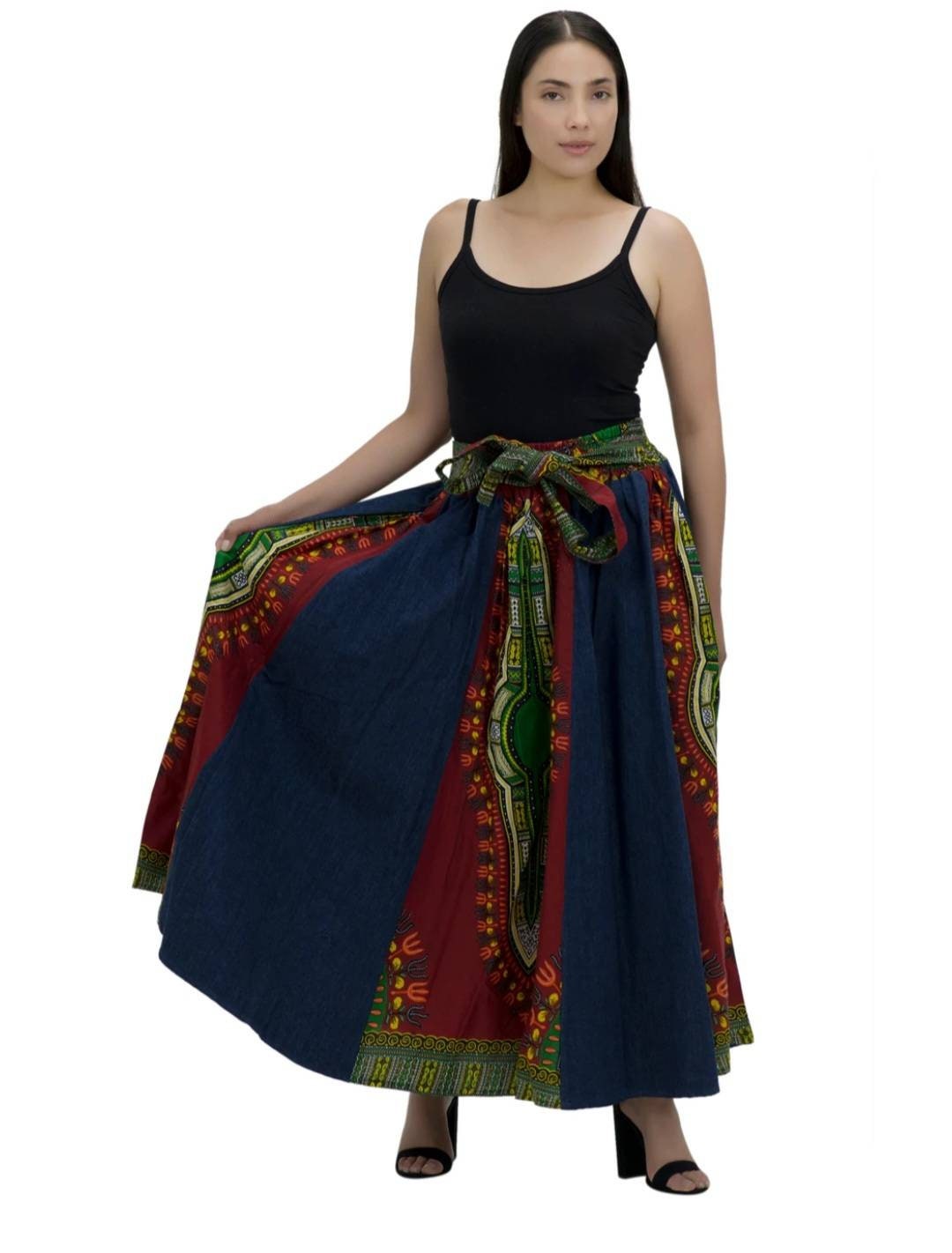 Denim Ankara Dashiki Maxi Skirt.