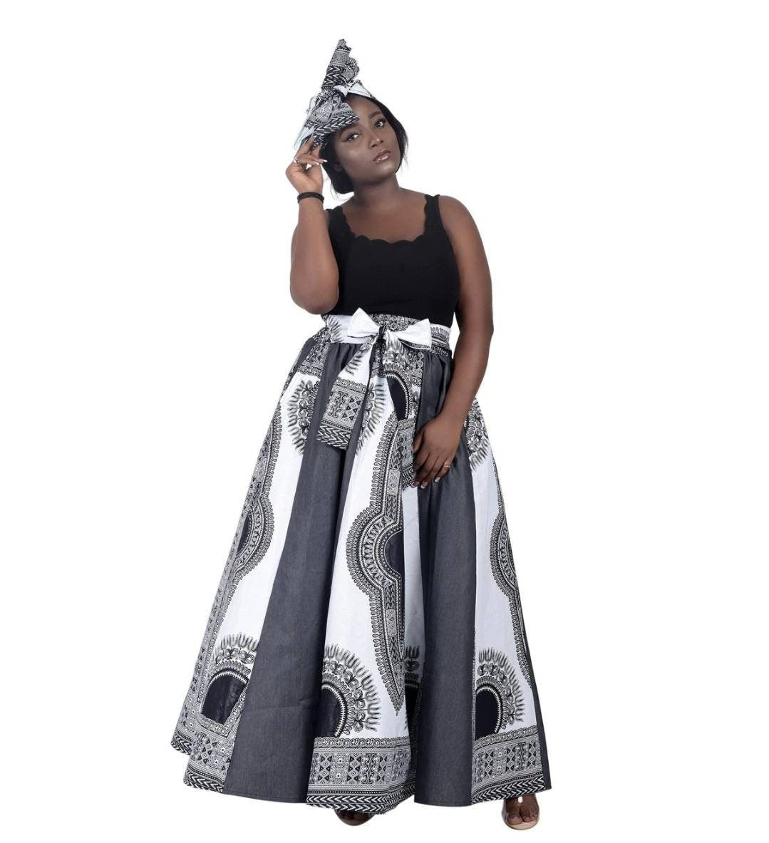 Denim Ankara Dashiki Maxi Skirt.