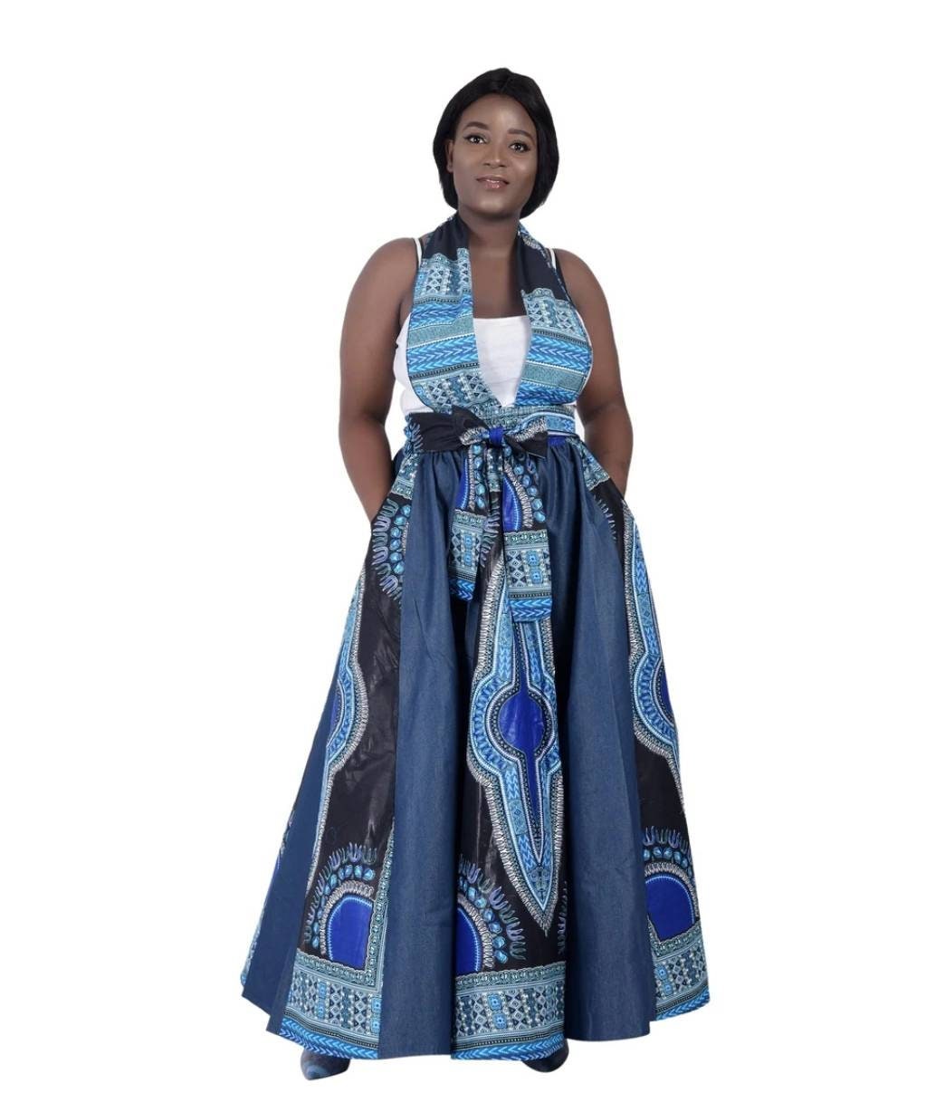 Denim Ankara Dashiki Maxi Skirt.