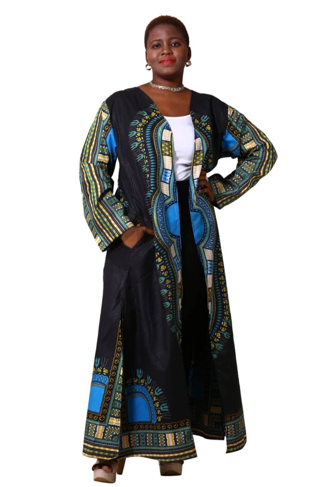 African Dashiki Print Kimono Duster Overcoat, Floor length fits size M/L.
