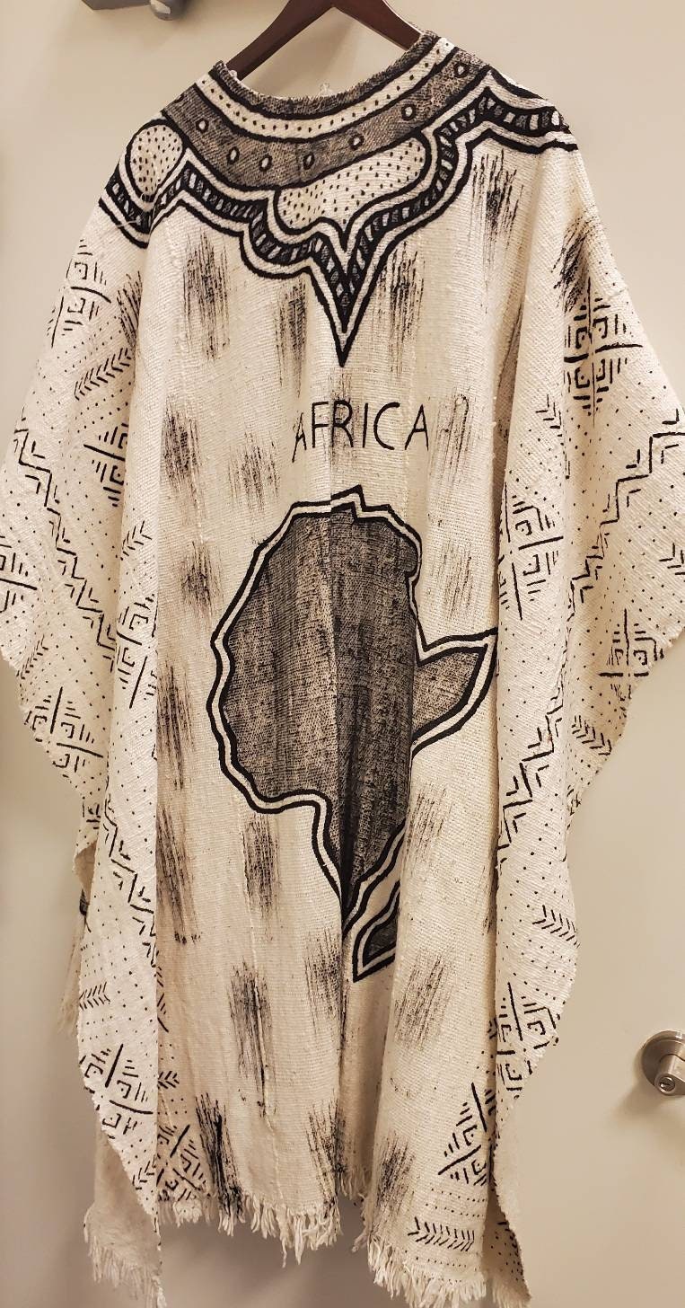 Bogolan White African Mudcloth Poncho Scarf/split in the middle and both sides/Unisex 100% Cotton made in Mali.