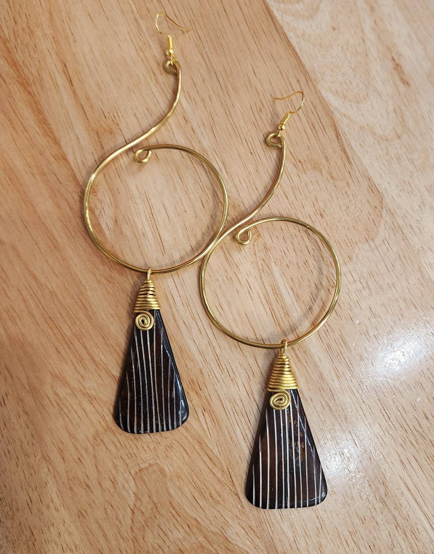 Exquisite Dangling Brass Cowrie Bone Earrings/Long 6 inch.
