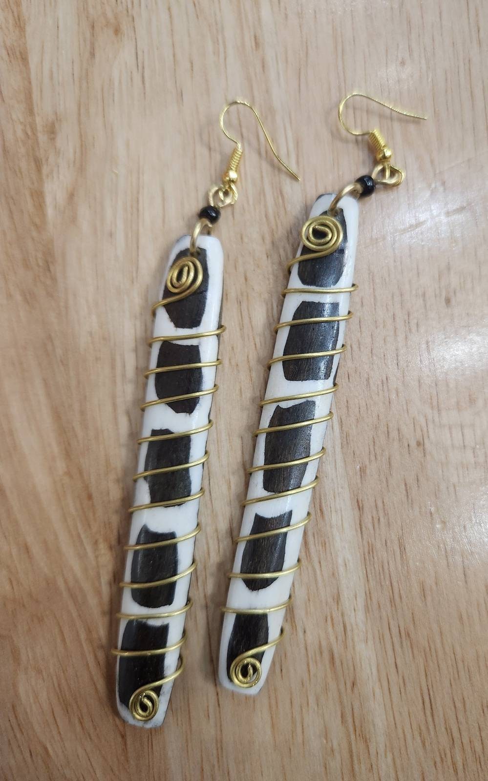 Wire Wrapped Decorative Carved Bone/Wooden Earrings