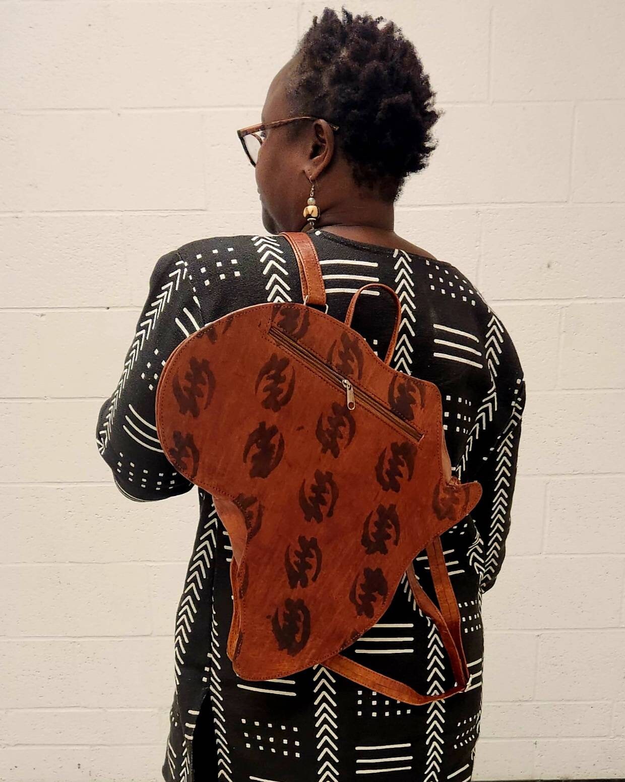 African Continent Map Backpack Leather/GyeNyame Africa Bag.