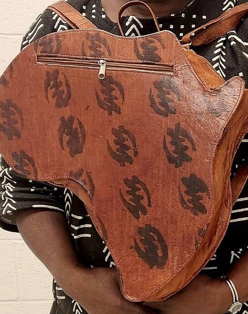 African Continent Map Backpack Leather/GyeNyame Africa Bag.