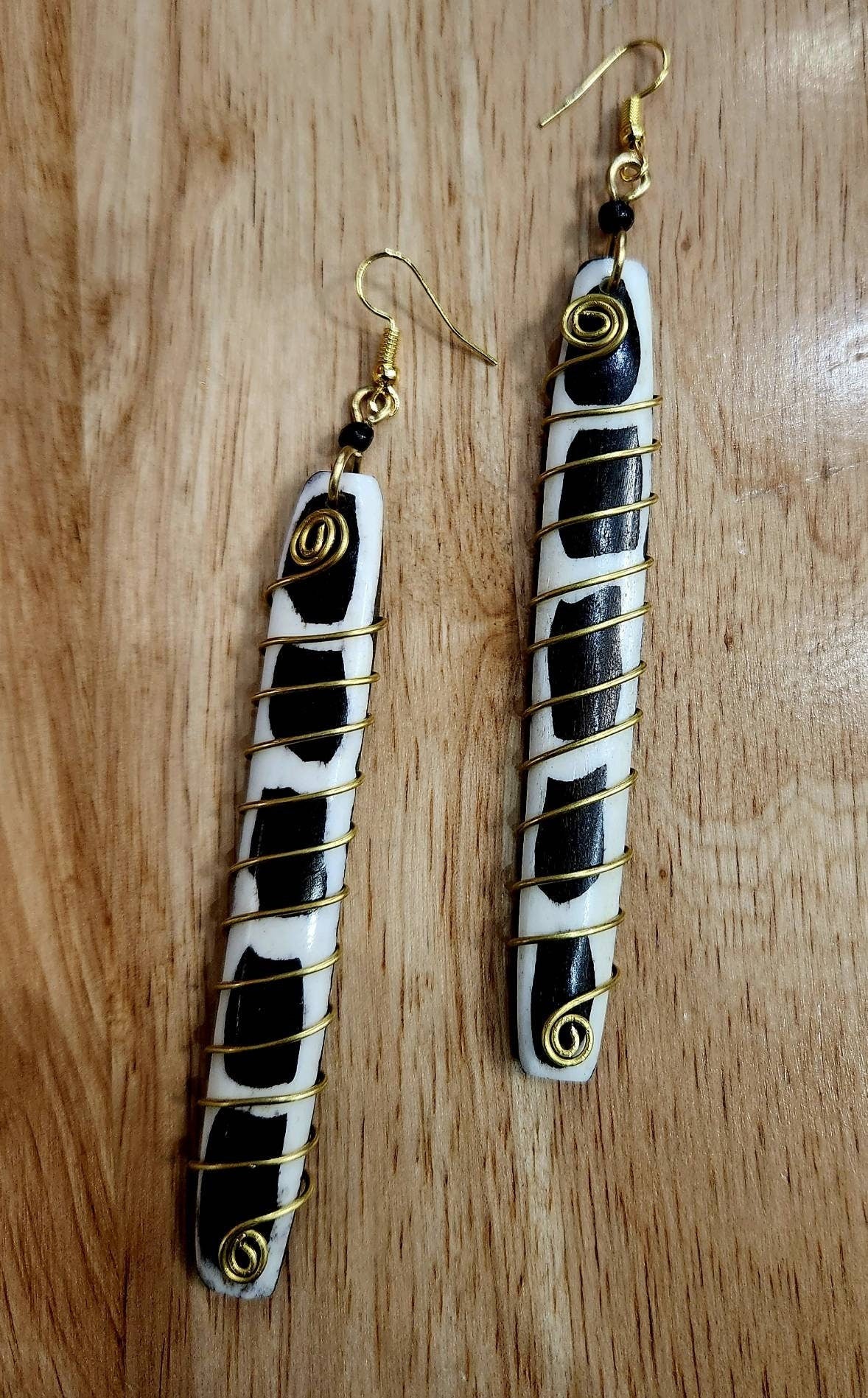 Wire Wrapped Decorative Carved Bone/Wooden Earrings