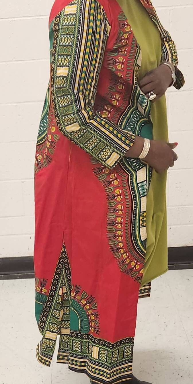 African Dashiki Print Kimono Duster Overcoat, Floor length fits size M/L.
