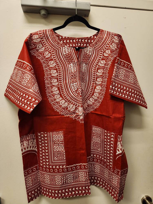 Dashiki Red and White Unisex Shirt/Oversized Big & Tall Dashiki Ethnic Shirt 100% Cotton. Size 1X-8XL.