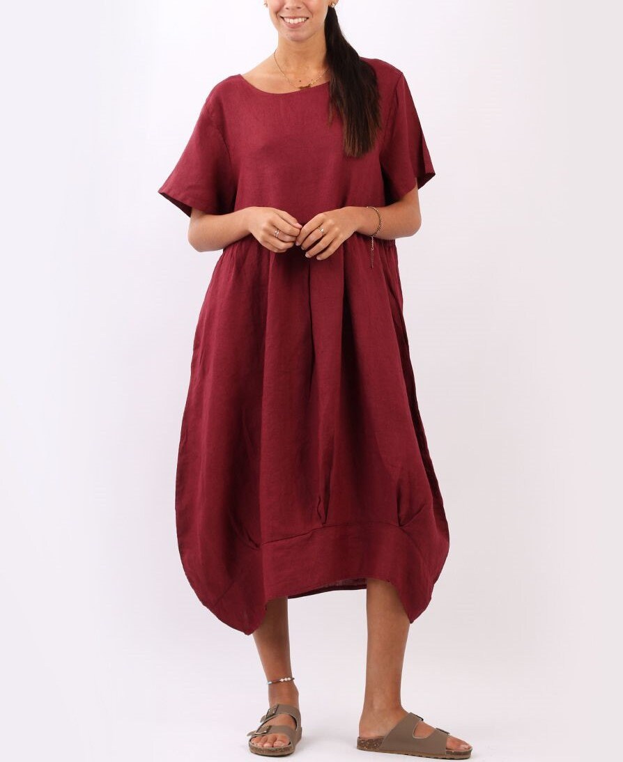 Minala Plain Linen Balloon Hem Lagenlook Midi Dress