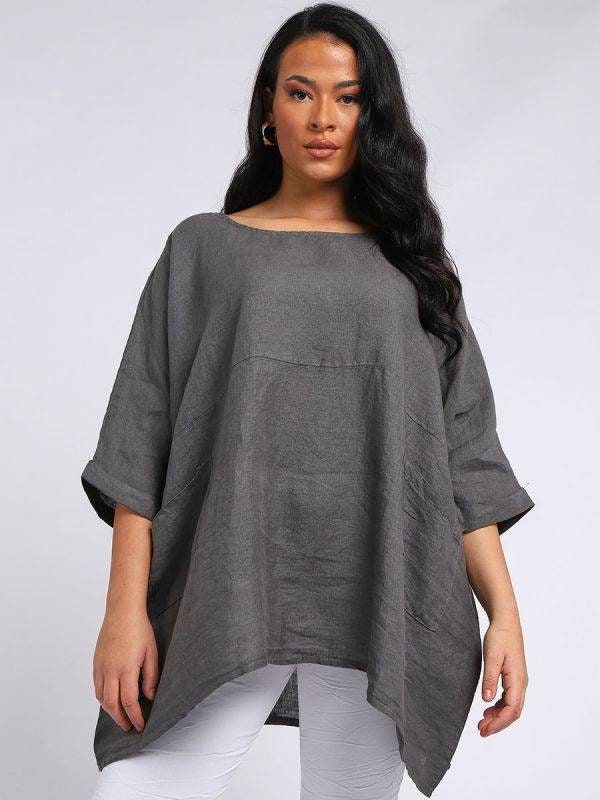 Plain Front Pockets Oversized Classy Top/Solid Linen Top.