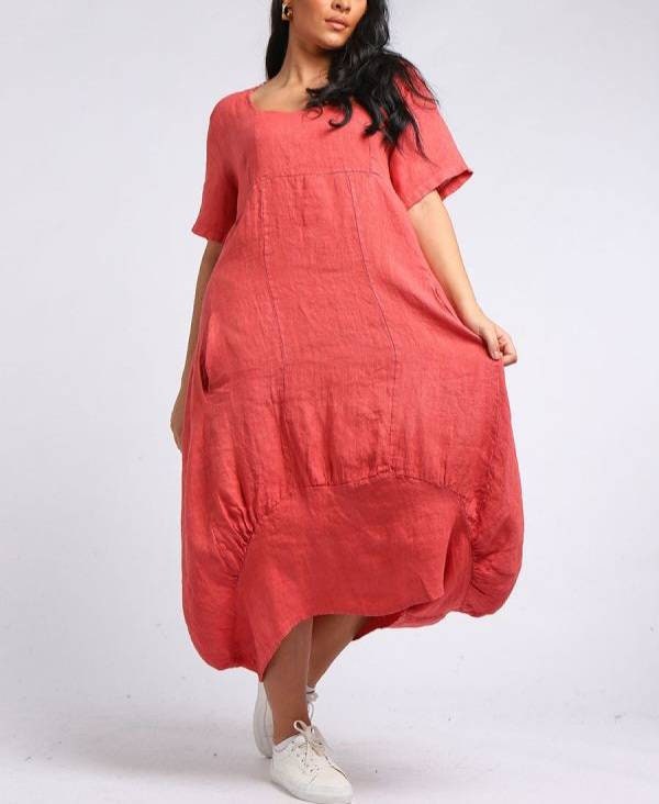 Minala Women Italian Quirky Linen Hem Parachute Plain Dress.