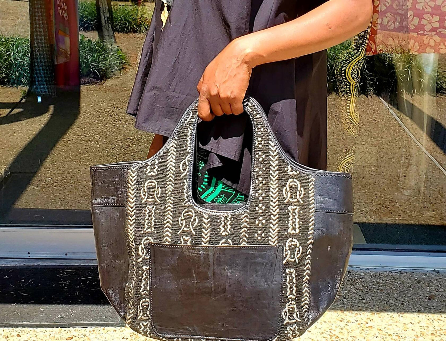 Woven Mudcloth Leather Hobo Purse made in Mali.