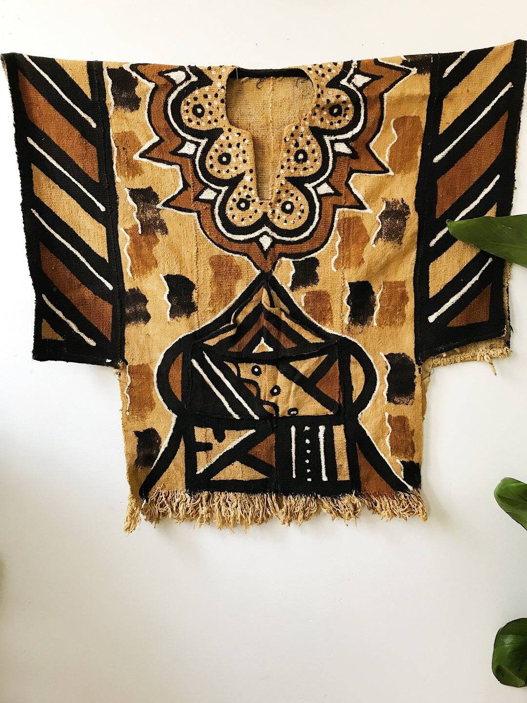 African Woven Mudcloth Poncho/Earthtone Bogolan Bogolafini handwoven in Mali.