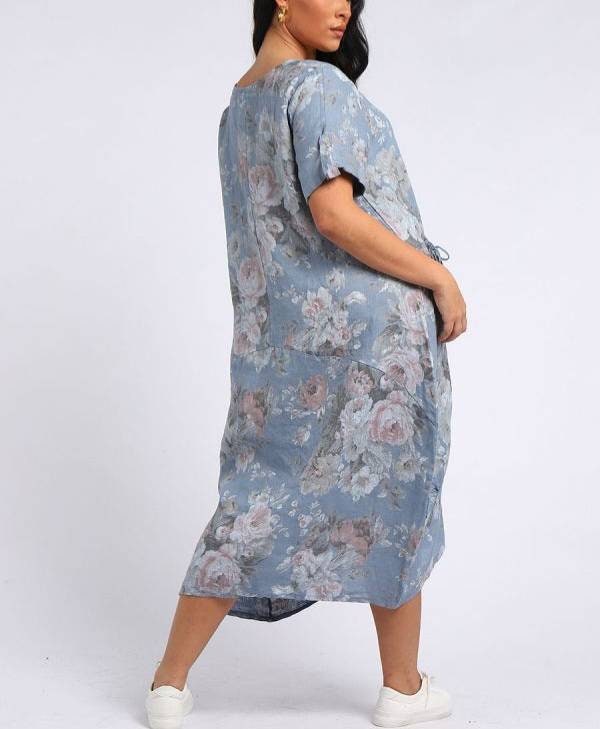 Classy Floral Print Lagenlook Linen Women Dress.
