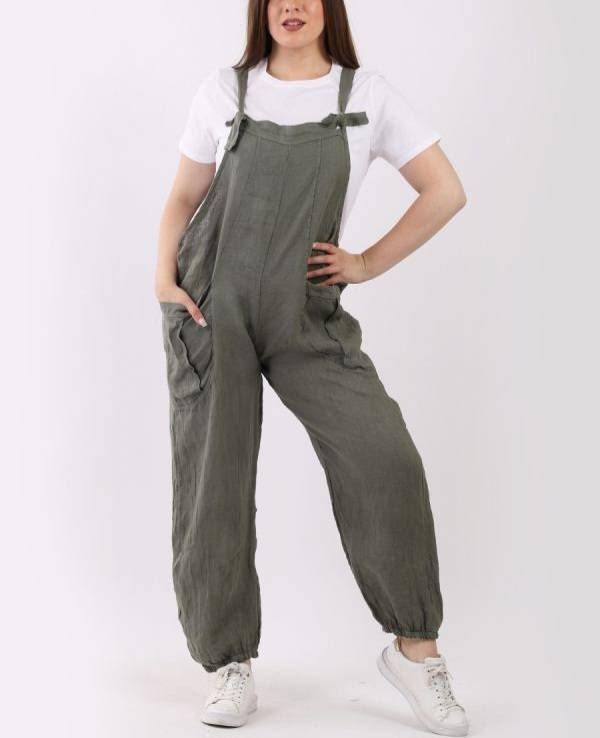 Italian Ladies Plain Linen Lagenlook Dungaree.