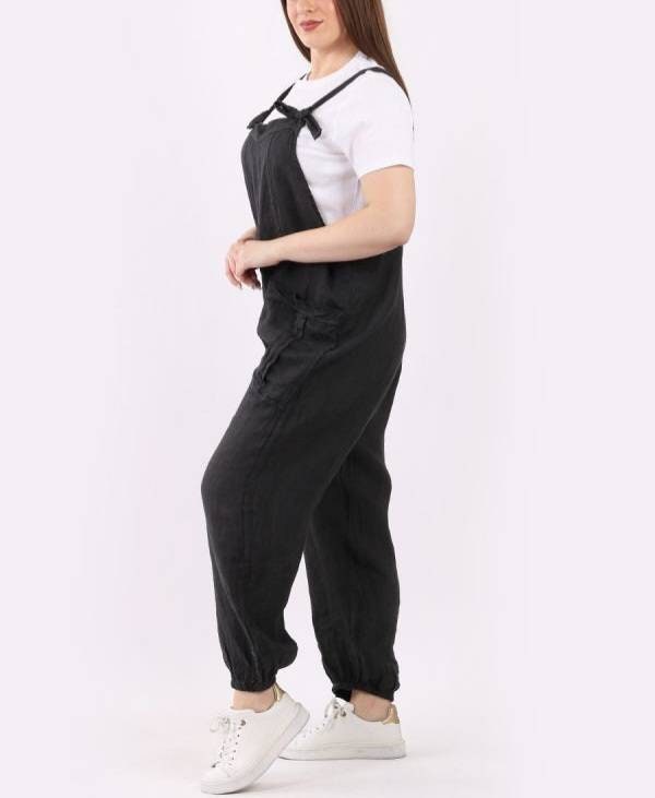 Italian Ladies Plain Linen Lagenlook Dungaree.