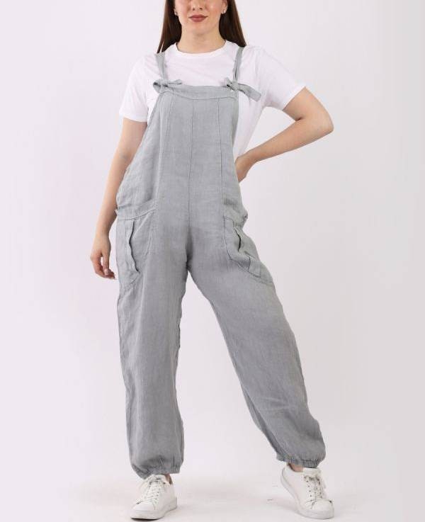 Italian Ladies Plain Linen Lagenlook Dungaree.