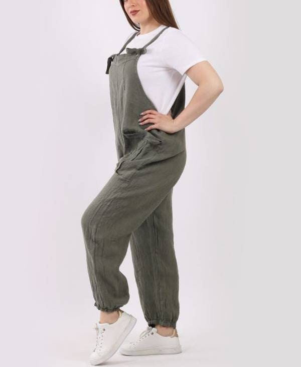 Italian Ladies Plain Linen Lagenlook Dungaree.