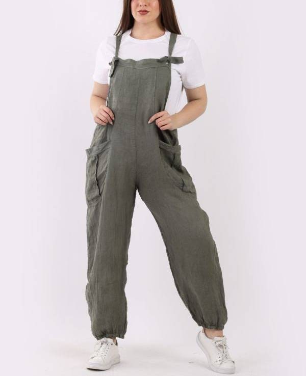 Italian Ladies Plain Linen Lagenlook Dungaree.