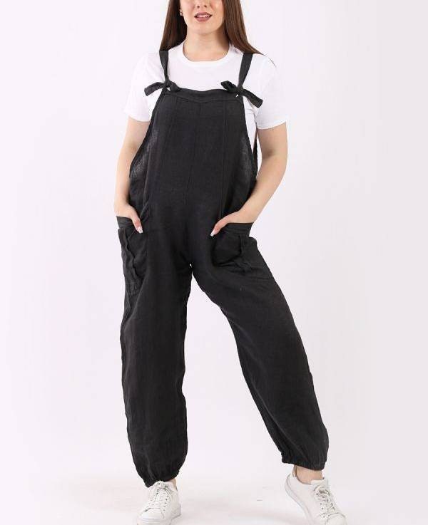 Italian Ladies Plain Linen Lagenlook Dungaree.