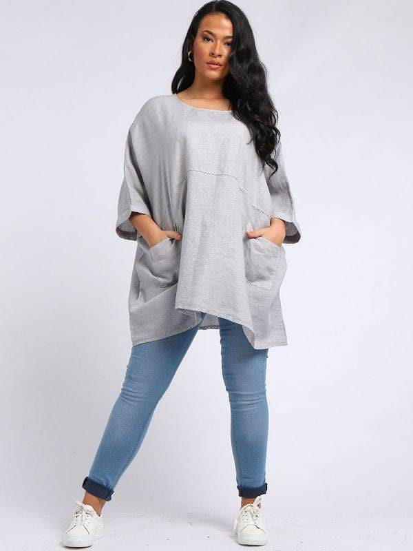 Plain Front Pockets Oversized Classy Top/Solid Linen Top.