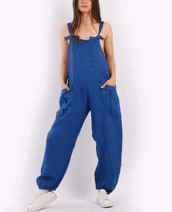 Italian Ladies Plain Linen Lagenlook Dungaree.