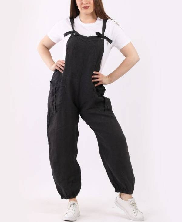 Italian Ladies Plain Linen Lagenlook Dungaree.