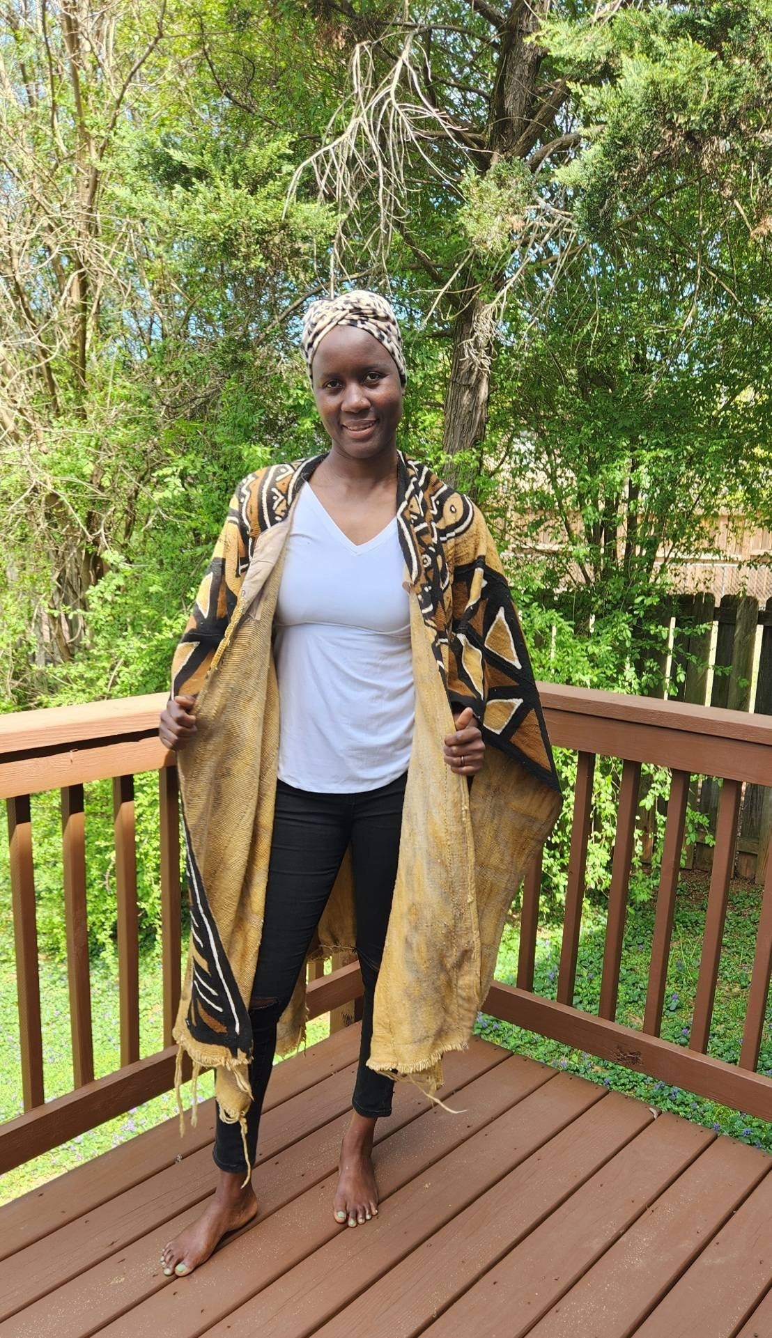 Bogolan African Mudcloth Poncho Scarf, split in the middle and both sides 100% Cotton made in Mali. UNISEX