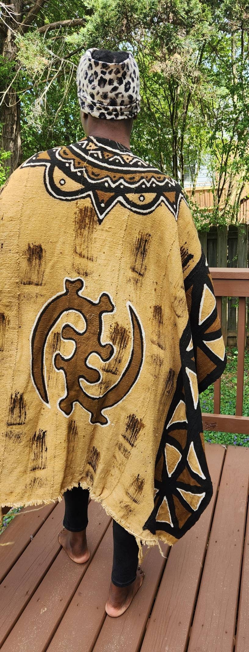 Bogolan African Mudcloth Poncho Scarf, split in the middle and both sides 100% Cotton made in Mali. UNISEX