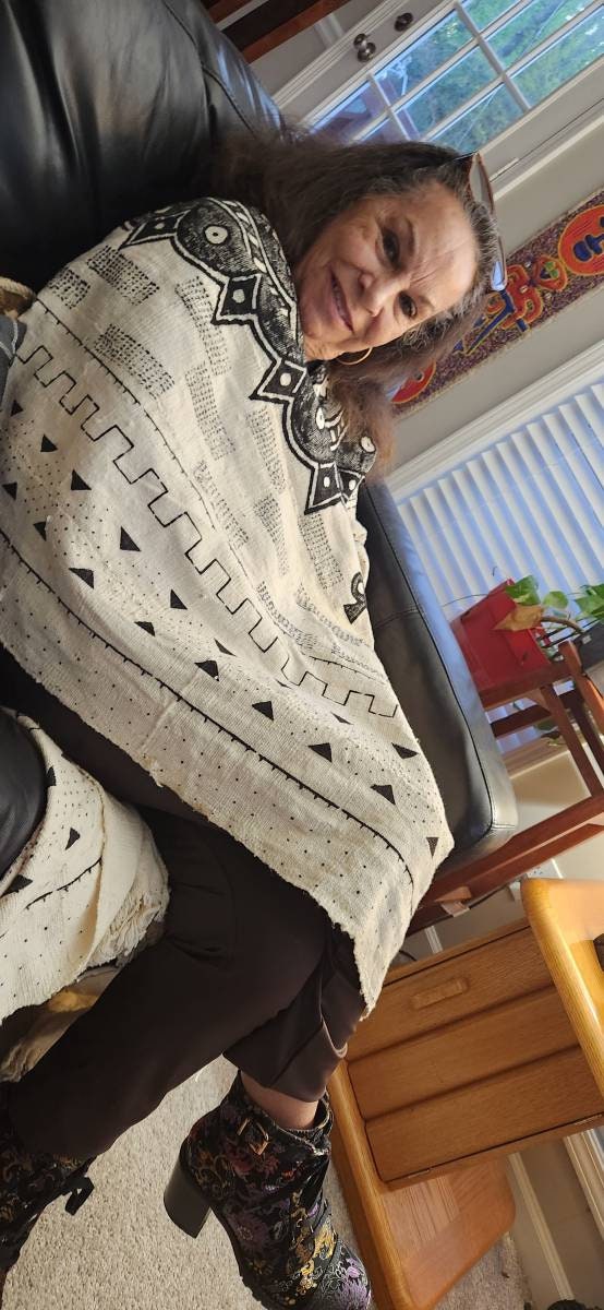 Bogolan White African Mudcloth Poncho Scarf/split in the middle and both sides/Unisex 100% Cotton made in Mali.