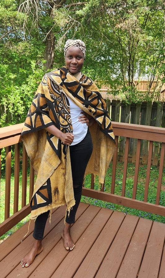 Bogolan African Mudcloth Poncho Scarf, split in the middle and both sides 100% Cotton made in Mali. UNISEX