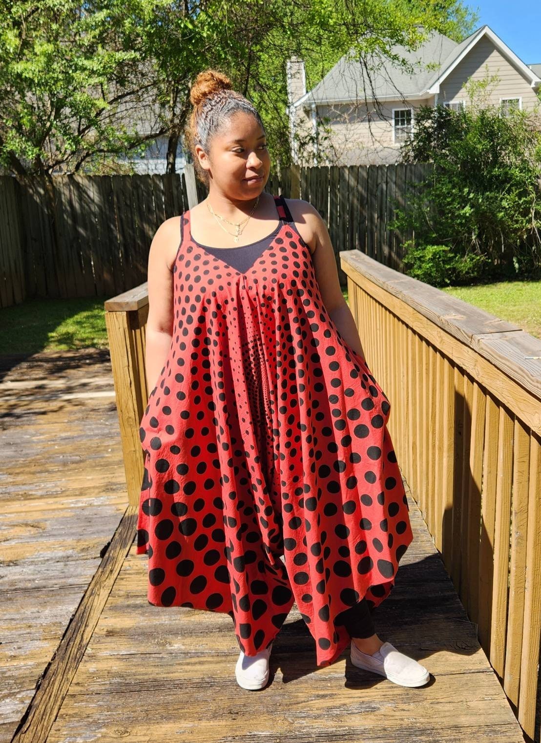 Polka Dot Jumper Dress/African Jumpsuit. 100% Cotton, one size fit most.