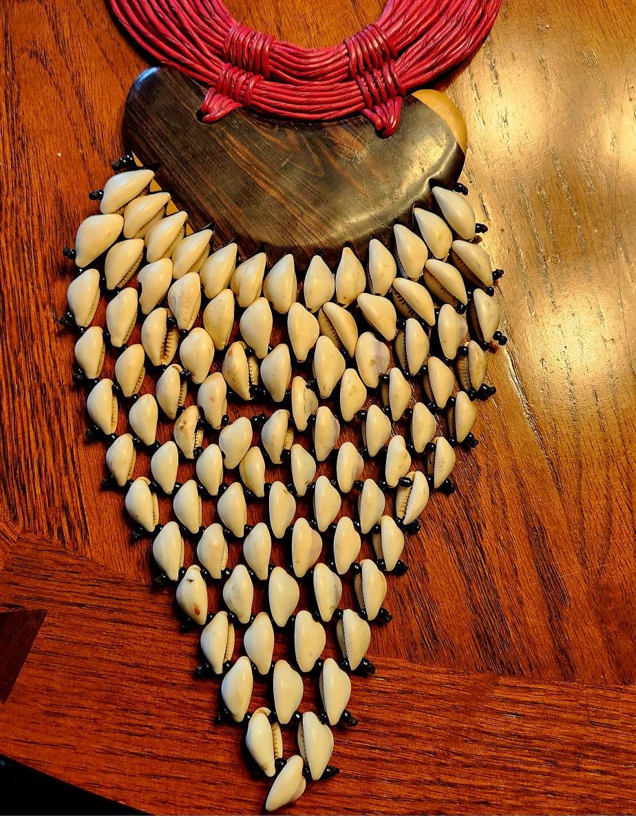 Huge V Cowrie on Ebony Wood Necklace. Length 12 inches.