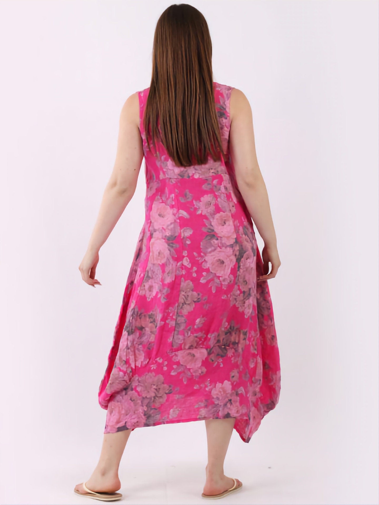 Italian Linen Floral Parachute Square neck Sleeveless Women Summer Dress.