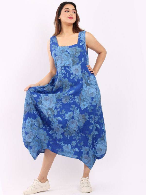 Italian Linen Floral Parachute Square neck Sleeveless Women Summer Dress.