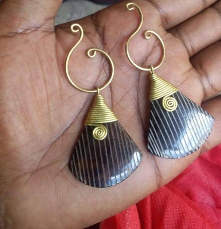 Exquisite Dangling Brass Cowrie Bone Earrings/Long 6 inch.