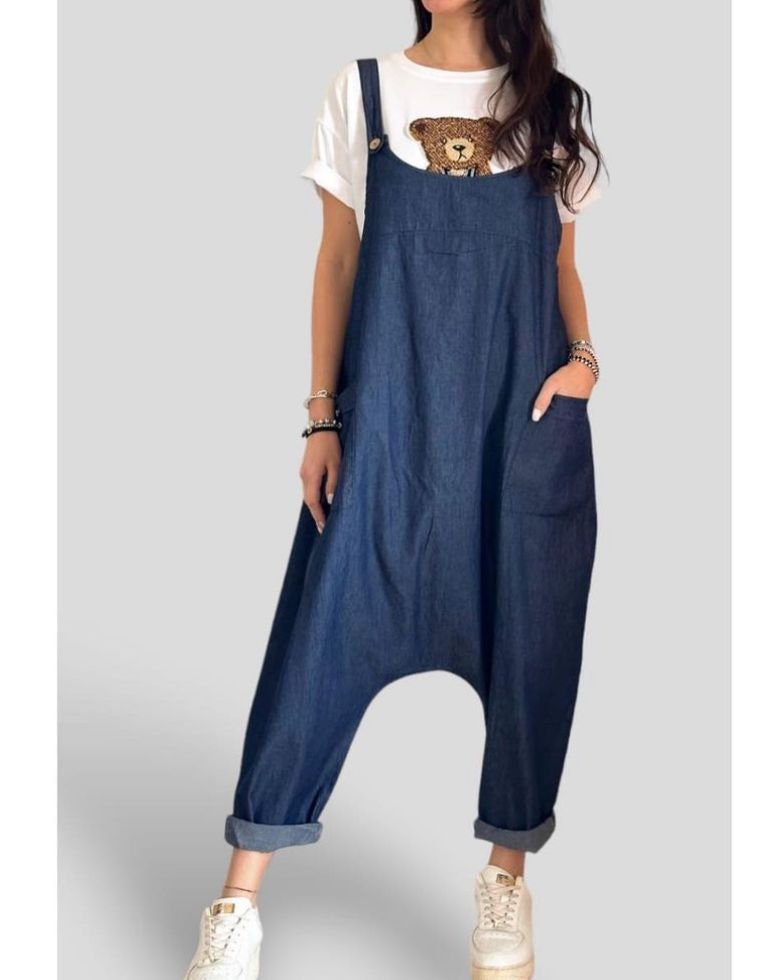 Italian Ladies Plain Denim Lagenlook Dungaree.