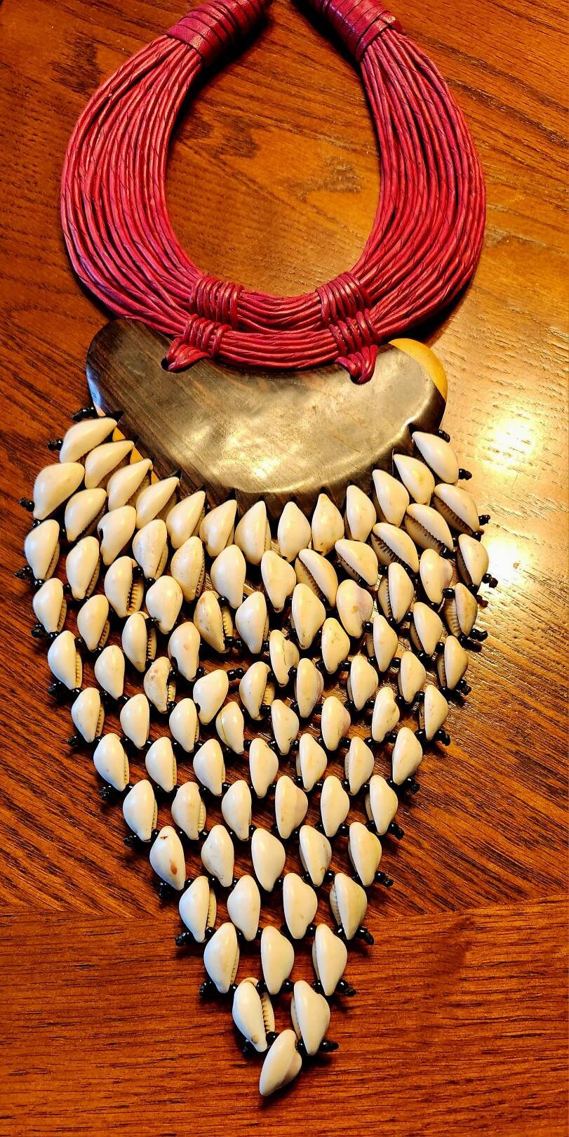 Huge V Cowrie on Ebony Wood Necklace. Length 12 inches.