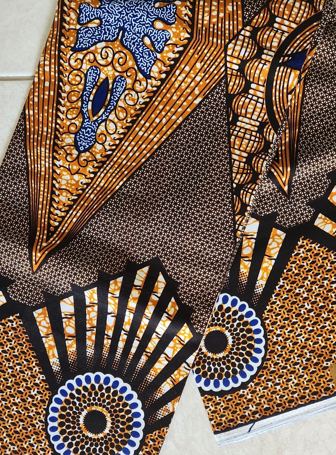 Kitenge Ankara Fabric Tan Brown Black Color shade of blue/Waxprint African Print Cotton Fabric Wholesale 48".