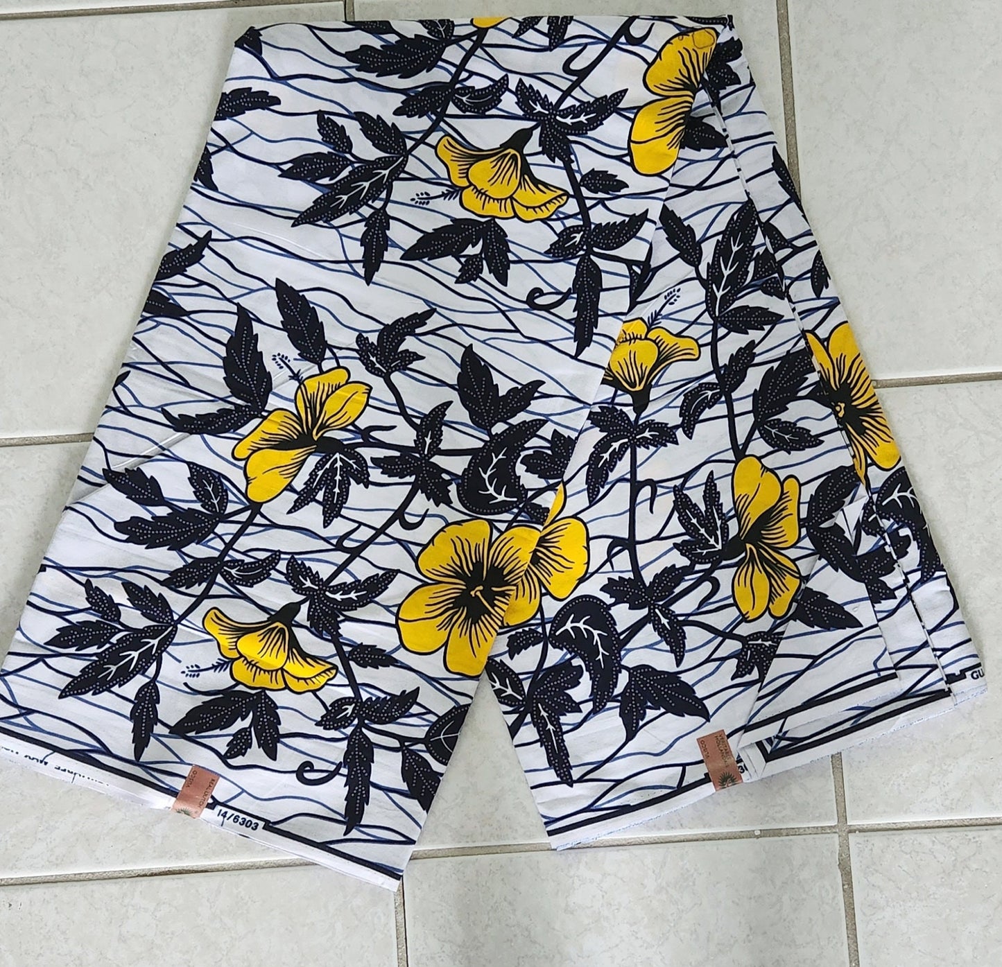 African Print Fabric, Yellow Hibiscus Garden Print/Floral White and Black/by yard or 6yd bulk.