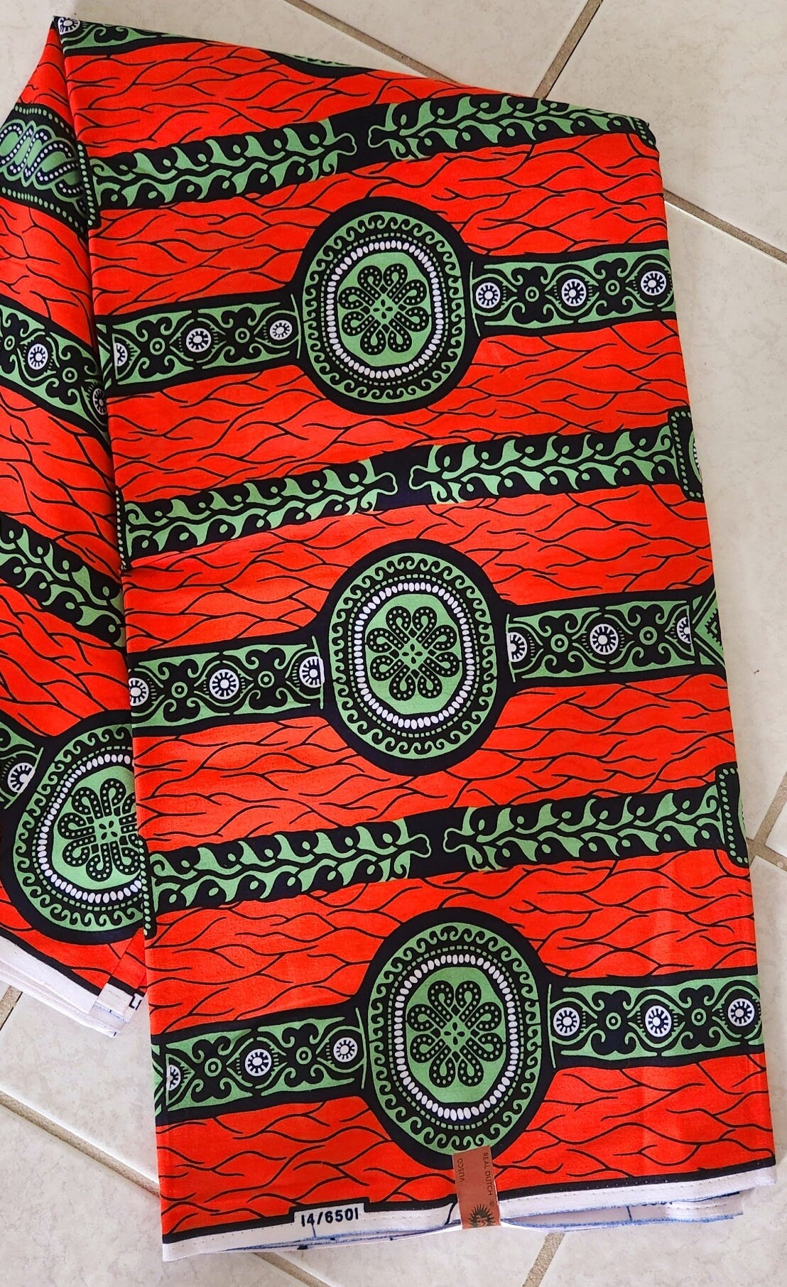 Red Orange with Green African Print Fabric/sold by yard or Bulk 6 Yards.